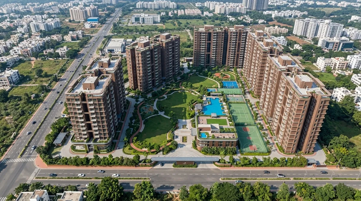 Aerial visual of Purva Hennur 51 showing the project context around Hennur Main Road