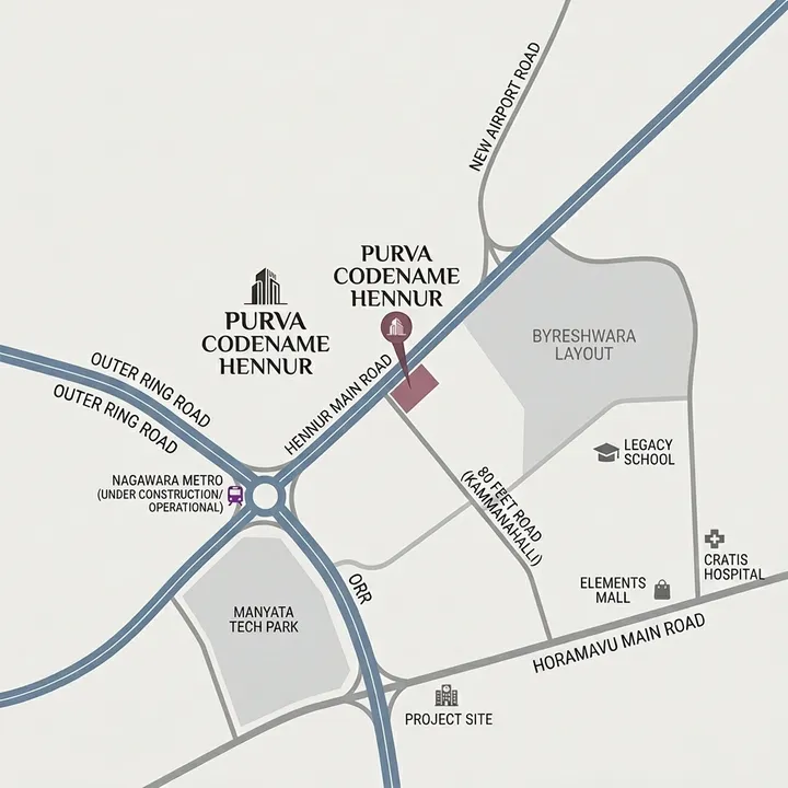 Location map showing Purva Hennur 51 on Hennur Main Road, North Bangalore